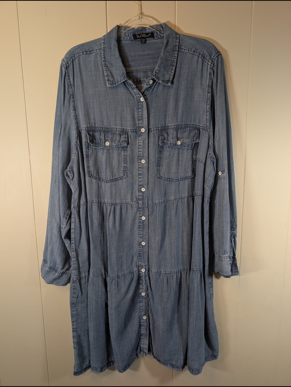 Velvet Heart Chambray Tiered Shirt Dress 2X Blue Button Front Lyocell Plus Size